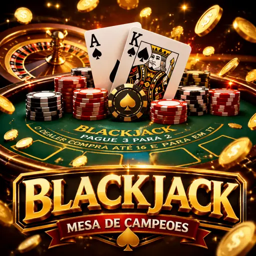Cartão do jogo blackjack com cartas e fichas douradas